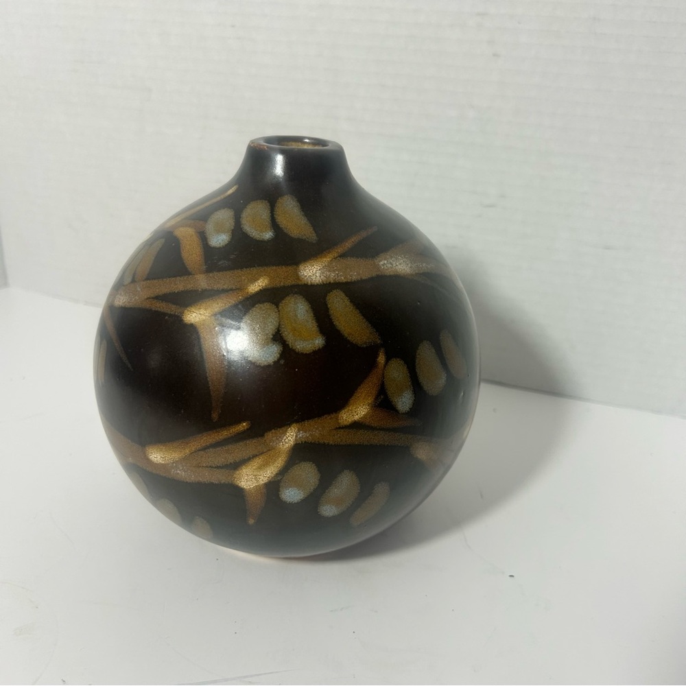 Studio Art Pottery Decorative Floral Round Abstract Vase Folk Art Rustic